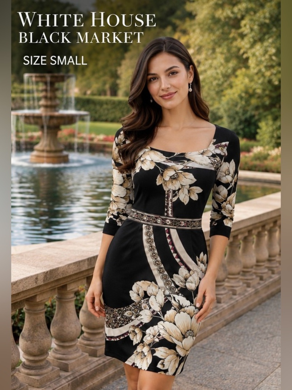 WHBM Floral Sheath Dress Small Black Beige Office Cocktail Career